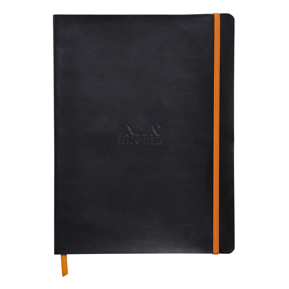 RHODIA 117502C - Black Flexible Notebook - 19x25 cm - Lined - 160 pages - Clairefontaine Ivory Paper 90 g/m - Bookmark, Elastic Closure - Faux Leather Cover - Rhodiarama Collection