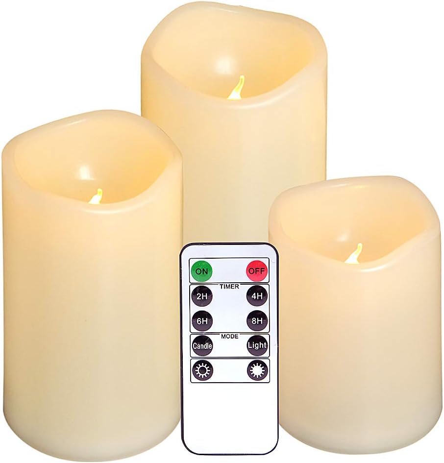 DRomance Outdoor Flameless Flickering Candles Waterproof and Heat Resistant, Warm Light Battery Operated LED Pillar Candles with Timer and Remote Set of 3(Ivory, 3"D x 4"5"6"H)