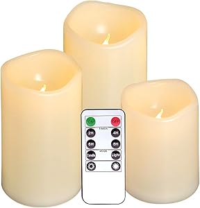 DRomance Outdoor Flameless Flickering Candles Waterproof and Heat Resistant, Warm Light Battery Operated LED Pillar Candles with Timer and Remote Set of 3(Ivory, 3"D x 4"5"6"H)