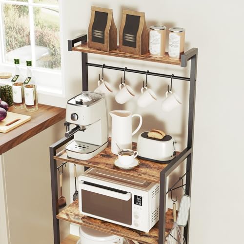 4 Tier Coffee Bar Station with Storage, Rustic Brown Corner Bakers Rack with 8 S-Shaped Hooks, High kitchen Shelves Stand Microwave Stand for Spices, Pots, Wooden Top and Black Metal Frame EBF04HB01