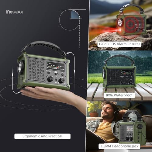 Solar Radio, AM/FM Crank Radio with 12000mAh Power Bank for Smart Phone Emergency Charging, 5 Charging Methods, Headphone Jack, SOS Alarm for Camping, Emergency