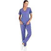 Minty Mint Women's Solid Stretch Medical Uniform Scrub Set V Neck Top Cargo Tapered Jogger Pants Ceil Blue XL