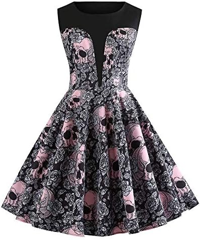 ZKDY Clothes Womens Rockabilly Dress Halloween Neck Skull Floral Print Vintage Evening Party Dress Vestidos Plus Size