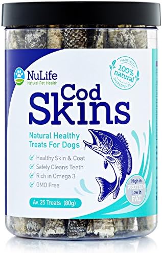 Cod Fish Skin Chew - All Natural Healthy Dog Treats - Rich in Omega 3 for Healthy Skin and Coat - 25 Low Fat Treats