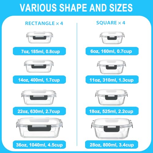 KUMD 16-Piece Borosilicate Glass Food Storage Containers, BPA-Free Airtight Locking Lids, Leak-Proof Meal Prep & Lunch Containers, 400°C Oven/Microwave/Freezer/Dishwasher Safe, Kid-Friendly