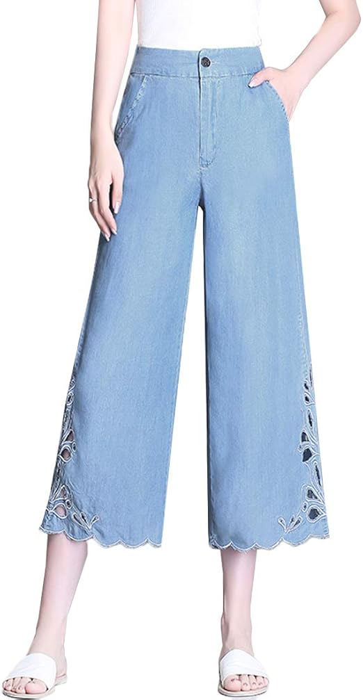 Amazon Jpバレンタインデー ワイドパンツ レディース ボトムス 春 夏 ズボン ガウチョパンツ ガウチョ バギーパンツ デニムパンツ ジーパン 薄手 コットン カットソーデニム 九分丈パンツ 韓国ファション アイスシルク ハイウェスト 着痩せ ジーンズ 通販