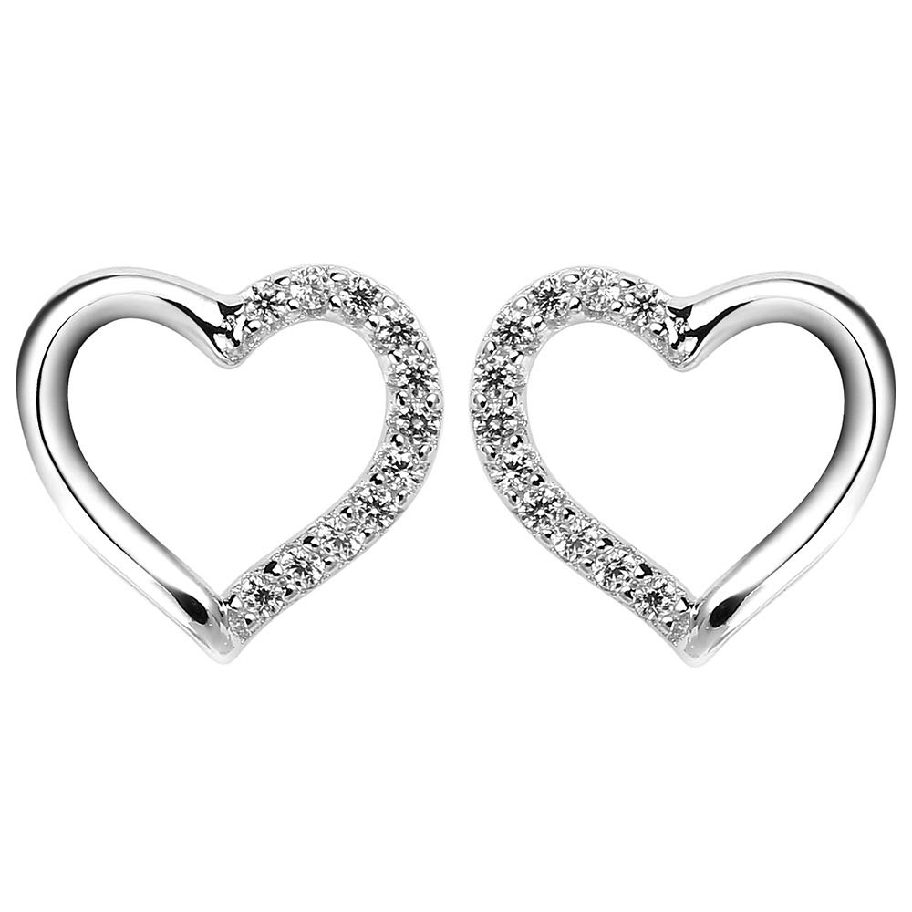 Silver Heart Stud Earrings - 925 Sterling Silver Studs with Sparkling Cubic Zirconia, Birthday Christmas Gifts for Women — image 1