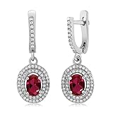 Sterling Silver Red Created Ruby Dangle Women's Earrings (1.76 cttw, 7X5MM Oval)