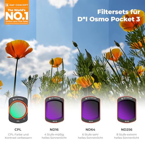 K&F CONCEPT FD161 Magnetic ND Filter Set, Compatible with DJI Osmo Pocket 3/4, Pack of 4, CPL Filter, ND16, ND64, ND512 Filter, Osmo Pocket 3 Accessories, Osmo Pocket 4 Accessories (Aluminium Frame)