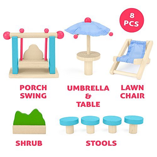 Wooden Dollhouse Furniture|Made of Safe Wood and Bright Water-Based Paint|Compatible with Most Doll Houses|Outdoor Patio