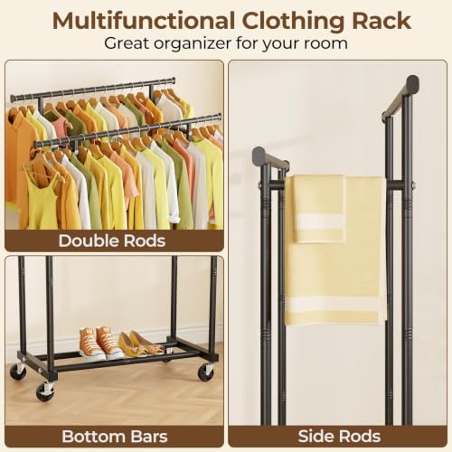 HYSEYY Double Rods Clothing Rack, Rolling Clothes Rack, Metal Garment Rack with 4 Lockable Wheels & Storage Shelf, Sturdy Coat Rack for Bedroom, Laundry, Living Room - 160H x 113W x 42D cm (Black)