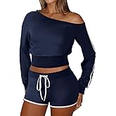 vanfund Women Off The Shoulder 2 Pieces Outfit Long Sleeve One Shoulder Top and Shorts Two Piece Sets Tracksuit Lounge Set