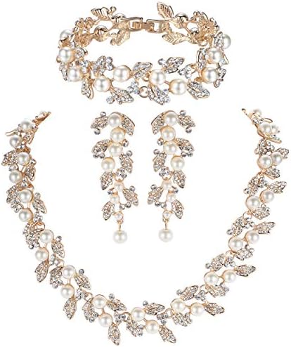 Clear/Gold Rhinestone Statement Simulated Pearl Indian Jewellery Sets for Women Necklace Bracelet and Earring Set