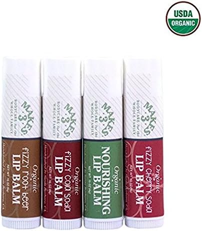 Makes 3® Lip Balm (4-pack) of Fizzy Soda Organic Lip Balm, Organic Coconut Oil Medicated Chapstick for Dry Lips, Anti-Aging Propeties