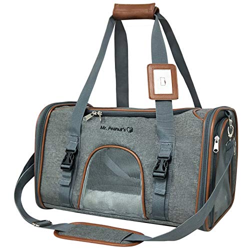 Mr. Peanut's Expandable Airline Approved Soft Sided Pet Carrier, Luxury Travel Tote with Premium Auto Self Locking Zippers, Plush Faux Fleece Bedding with Sturdy Plywood Base, 18LX10.5 (Twilight Gray)