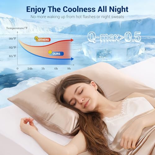 Marchpower Cooling Pillow Case, Arc-chill 2 Pack Q-Max 0.5 Cool Pillowcases for Hot Sleepers, Silk Pillowcase Breathable & Anti-Static Hair Care, Stain Pillow Cover with Zipper - 50X75cm, Champagne