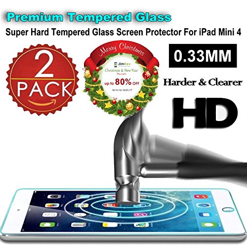 iPad Mini 4 Premium Tempered Glass Screen Protector (2 Packs) Super Hard 0.33mm By Jimkev 2.5d (iPad Mini 4)