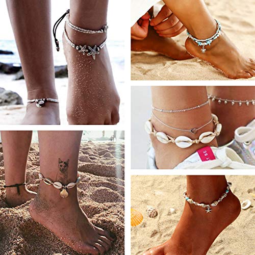 FUNRUN JEWELRY 8PCS Starfish Turtle Shell Anklet for Women Girls Handmade Multilayer Anklet Bracelet Adjustable Beach Foot Jewelry