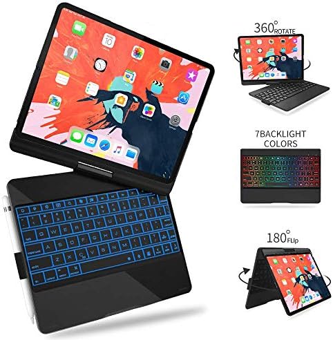 iPad Pro 11 Keyboard Case (2018 Release), Backlight 7 Colors - 360° Rotatable - Sleep/Wake - Wireless/BT - [ Supports Apple Pencil Charging ] - iPad Pro 11 Case With Apple Pen Holder (Black)