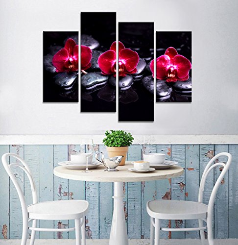 Moyedecor Art 4 Pieces Wall Art Painting Black Spa Stones Still Life Of Zen Stones With Tropical Phalaenopsis The Pictures Prints On Canvas For Home Decor Decoration Living Room Ready to Hang