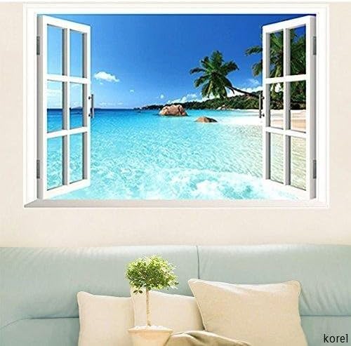 Cosaga Large Removable Beach Sea 3D Window Decal WALL STICKER Home Decor Exotic Beach View Art Wallpaper Mural for Bedroom Living Room