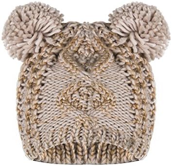 Puli Women's Winter Chunky Knit Silver Thread Double Pom Pom Beanie Hat