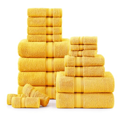 LANE LINEN 18 Pc Luxury Bath Towels Set – Ultra Soft 100% Mercerized Cotton, 6 Bath, 6 Hand Towel & 6 Wash Cloth, Zero Twist, Quick-Dry, Long-Lasting Comfort & Hotel Quality, Machine Washable – Mimosa