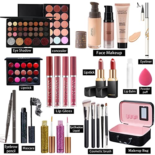 All in One Makeup Kit for Women Full Kit Holiday Gift Box Essential Multipurpose Bundle Include Eyeshadow Concealer Lipstick Lip Gloss Mascara Eyeliner Eyebrow Pencil Lip Balm Face Powder - Full Makeup Kit for Women (Box1)
