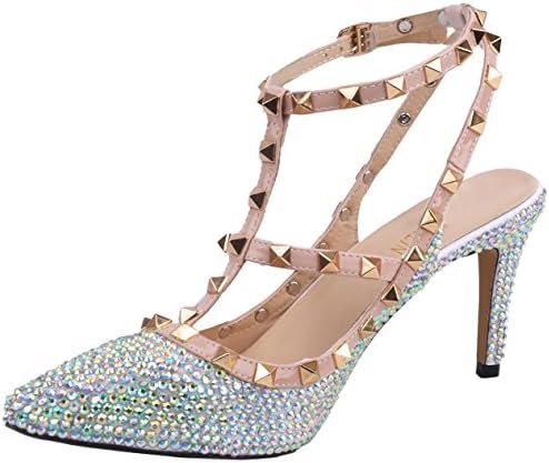 SHOELIN Silver Heels-Rhinestone, Women Handmade Crystal Strappy Party Wedding Dress Shoes Mid Heel Pumps For Women's Double V-Neck Sleeveless Lace Wedding Dress Evening Dress