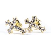 Small Mens Women's Prong Set Iced 5A Cz Hip Hop Yellow Gold 925 Sterling Silver Screw Back Post Hypoallergenic Crucifix Ice Out Cubic Zirconia Gothic Cross Stud Earrings
