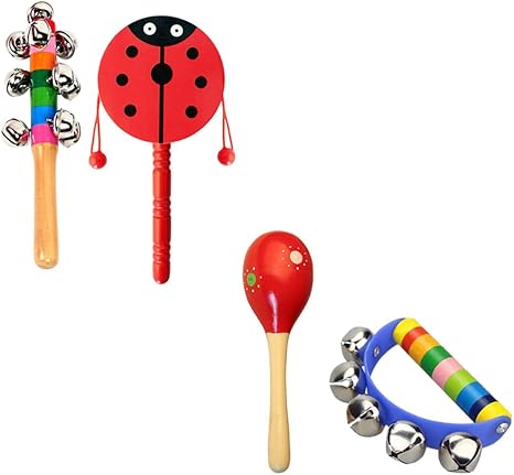 Amazon Co Jp Jojofuny 4pcs幼児楽器セットハンドベルドラムガラガラサンドハンマーマラカスシェーカーおもちゃ木製打楽器 おもちゃ赤ちゃん幼児用 ホーム キッチン