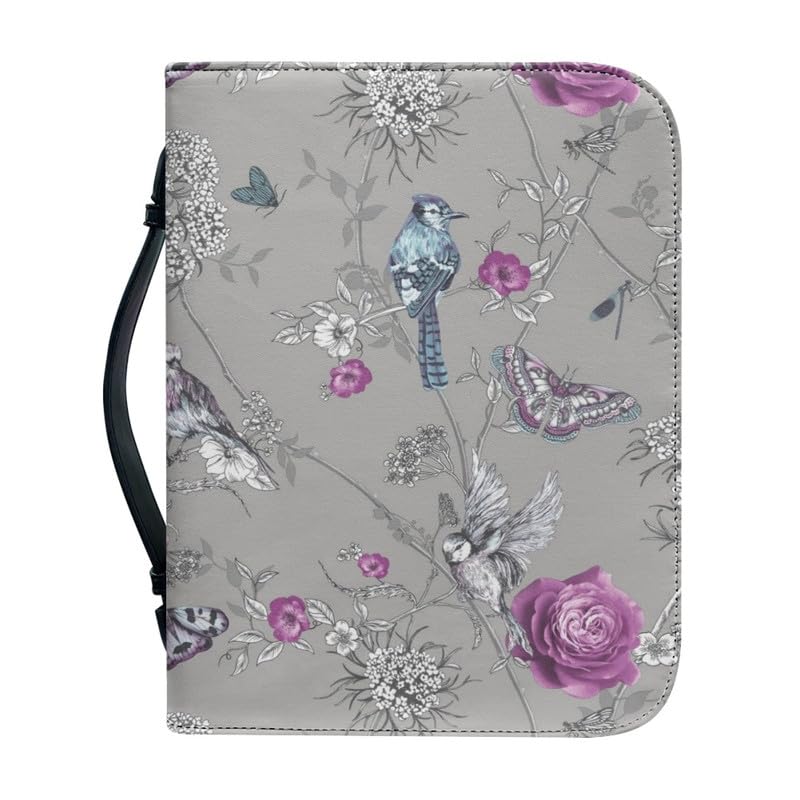 Kuiaobaty Vintage Birds Flowers Women's Bible Cover Faux Leather Book Carry Case, Gray, Countryside Floral Book Cover Gift for Women 4 Size