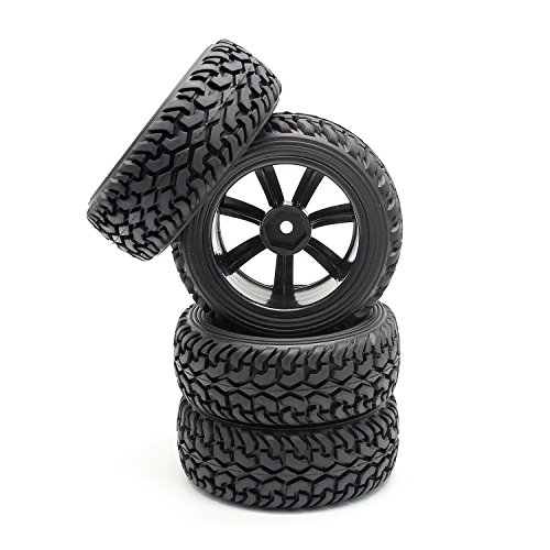 HOSIM 1:10 Scale RC On Road Terrain Buggy Car Drift Replacement Tyres Pack of 4pcs High Performance Racing Car Rally Car Accessory Parts Grain Rubber Split Spoke Satin Tires and Wheels Black Color
