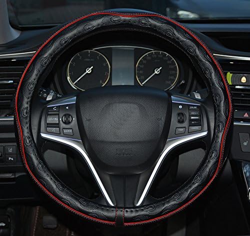 Rueesh Microfiber Leather Car Steering Wheel Cover, Soft Padding, Durable, No Smell, Universal 15 Inch Steering Cover, Anti-slip Embossing Pattern B, Black with Red Line