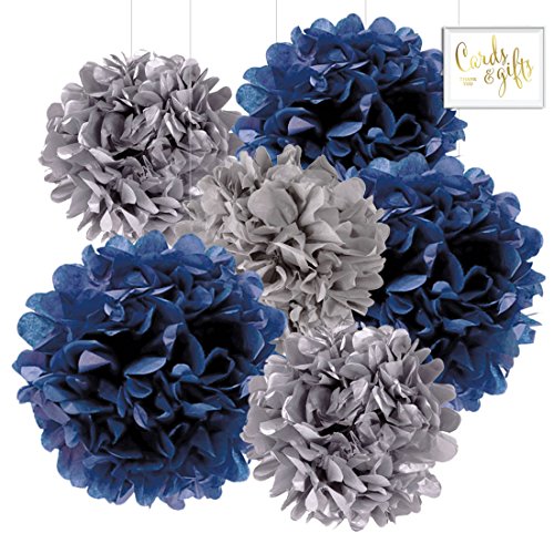 Andaz Press Hanging Tissue Paper Pom Poms Party Decor Trio Kit with Free Party Sign, Navy Blue, Royal Blue, Gray, 6-Pack, For Baby Bridal Shower Decorations