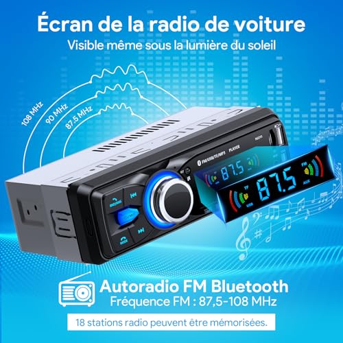 Autoradio Bluetooth, Wistrue Poste Radio Voiture Bluetooth avec Main Libre, FM 1 DIN Autoradio avec Port de Charge USB (2.1A), Lecteur MP3 et 2 USB/AUX/SD, Supporte WMA/WAV