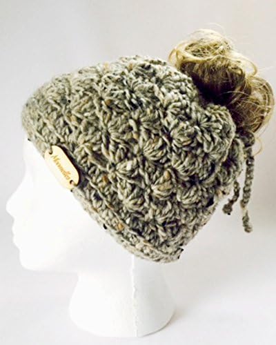 Handmade Messy Bun Hat Grey Fisherman Irish Wool Beanie Brown Black Tweed Wood Button Ponytail Runner