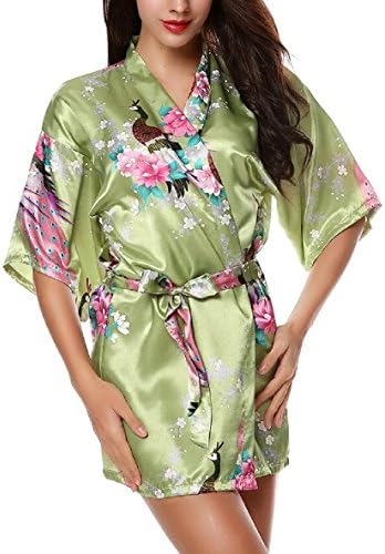 Nethaniah Women's Peacock & Blossom Print Silky Kimono Short Robe (One Size, Green)