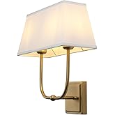 PERMO Transitional Double Sconce 2 Lights Indoor Sconce Wall Lighting with White Textile Fabric Square Shade for Bedroom Beds