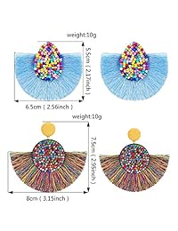 Hicarer 8 Pairs Fan Tassel Earrings Bohemian Tassel Hoop Earrings Beaded Fringe Drop Earrings Colorful Rhinestone Dangle Earrings for Women Girls
