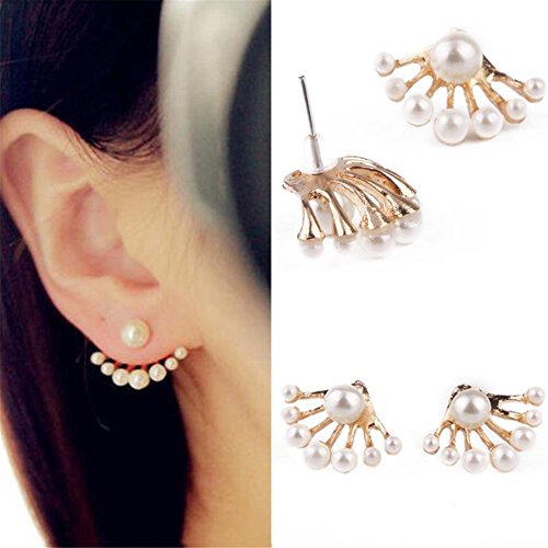 1Pair Women Lovely Crystal Earrings Pearl Ear Stud Front and Back Earbob