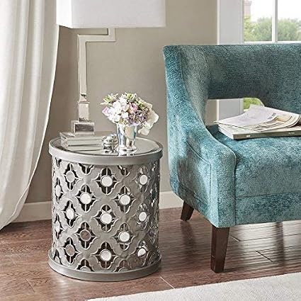 Madison Park Arian Accent Tables Mirror Glass Metal Side Table Silver Quatrefoil Geometric Design Modern Style