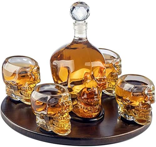 Hiyougen Skull Face Decanter with 4 Skull Shot Glasses - By Use Skull Head Cup For A Whiskey, Scotch and Vodka Shot Glass, 17 Ounce Decanter 3 Ounces Shot Glass