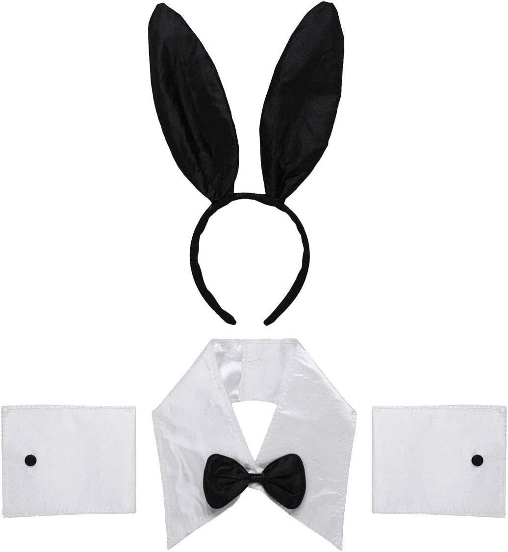 Freebily Women Bunny Cosplay Costume Outfit Rabbit Ears Headband Collar Bowtie Cuffs Set for Halloween Bachelorette Parties Black & White One Size