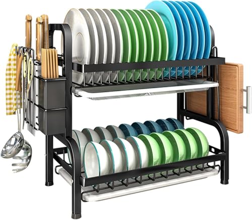 Nyganmelloz 2-Tier Stainless Steel Dish Drying Rack, Dish Drainer with Drip Tray & Utensil Holder, Multifunctional Countertop Organizer with Cup, Cutting-Board, Plate Holder for Kitchen Sink, Black