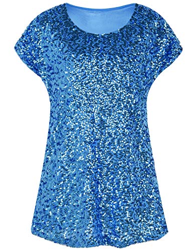 PrettyGuide Women's Evening Tops Sparkle Shimmer Glam Sequin Blouse Lake Blue XL/US18-20