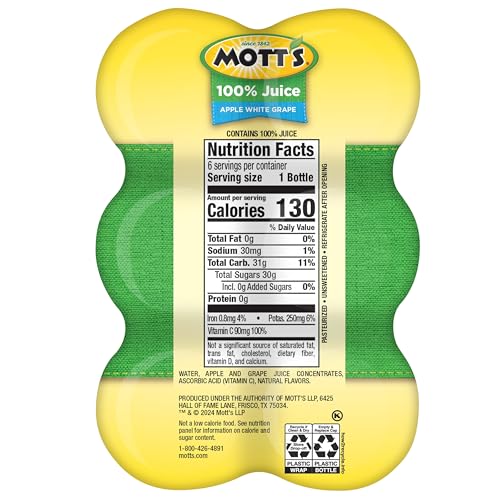 MOTT’S 100% APPLE WHITE GRAPE JUICE, 8 FL OZ BOTTLES, 24 COUNT (4 PACKS OF 6), NO ADDED SUGAR, EXCELLENT SOURCE OF VITAMIN C, 2 SERVINGS OF FRUIT PER BOTTLE, GLUTEN & CAFFEINE FREE, ON-THE-GO