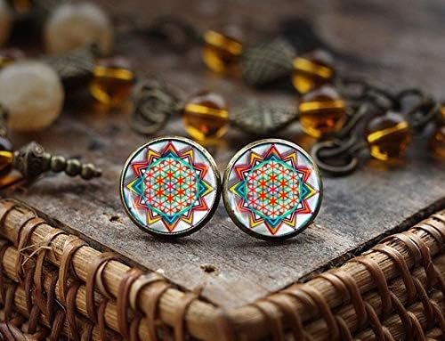 Flower of Life Mandala Earrings, Colorful Post Earings, Glass Dome Earrings