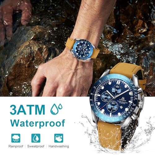 LN LENQIN Mens Watches Leather Watch Analog Quartz Watches for Men 30M Waterproof Men's Wrist Watches Luminous Luxury Fashion Business Casual Watch with Date (Brown Blue)