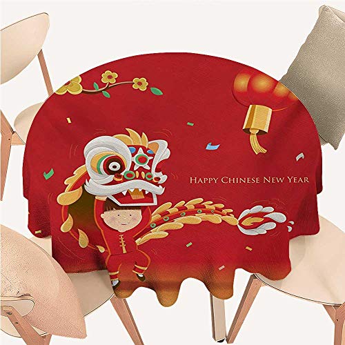 Angoueleven Chinese New Year Dinning Tabletop Decoration Little Boy Performing Lion Dance with The Costume Flowering Branch Lantern Round Tablecloth D 70" Multicolor